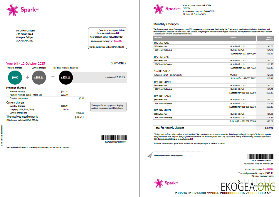 New Zealand Spark utility bill template in Word and PDF formats, 2 pages, version 2